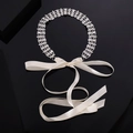 Elegant bridal belt with sparkling rhinestones and long cream satin ribbons on black background - 60-80cm Style / Silver