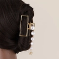 Elegante pinza per capelli in metallo dorato con nappe di perle e ciondolo a fiore - Stile Quadrato (B4201)