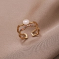 Anello vintage francese a doppia onda in oro con perle, pietre occhio di gatto e zircone - Aperto Regolabile / Pietra Bianca Oro