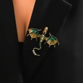 Vintage Drachen Brosche mit grüner Emaille und Kristallen am schwarzen Revers - Braun