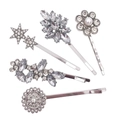 Detail view of five silver alloy hair clips with sparkling rhinestones and a white pearl - Silver Style