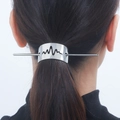 Polished silver metal lightning hair pin with hollow wave design shown on a ponytail - Short Silver