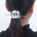 Polished silver metal hair pin with electrocardiogram wave design on black hair ponytail - Wide Silver