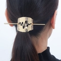 Polished gold metal hairpin with heartbeat cutout design shown on hair bun - Wide Gold