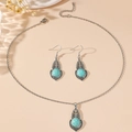 Bohemian silver necklace and turquoise drop earring set with vintage floral patterns - Set