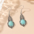 Bohemian silver drop earrings with turquoise stones and vintage floral hollow designs - Earrings (A9332)