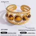 Gold stainless steel multi-layer open ring with five brown tiger eye stones - Multi Layer Twisted Rope Tiger Eye Style (JZ21260A)