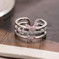 Elegant silver layered butterfly ring with pink zircon stones and sparkling crystals - Three Layer Butterfly Open Style / Silver Style (D8428)