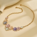 Golden necklace with colorful enamel daisy pendants and small sparkling crystals - Colorful Flower Necklace