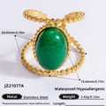 Golden stainless steel ring with oval green stone and beaded double-band design - Green Oval Beaded Band Style (JZ21077A)