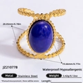 Retro 18K gold-plated stainless steel ring with an oval dark blue natural stone inlay - Dark Blue Oval Beaded Band Style (JZ21077B)