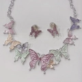 Colorful butterfly jewelry set with multi-color necklace and matching pink stud earrings - Pink Butterfly Ear Clip Necklace Set