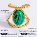18K gold plated stainless steel ring with green malachite stone and beaded band - Malachite Oval Beaded Band Style (JZ21077C)