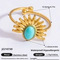 Adjustable stainless steel 18K gold ring featuring an oval turquoise stone and sunburst design - Turquoise Sunflower Style (JZ21073D)