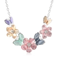Silver chain necklace featuring colorful enamel butterfly and flower charms with crystals - Colorful Butterfly Flower Necklace