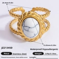 Golden stainless steel adjustable ring with white marble stone and rope texture detail - White Turquoise Double Row Beaded Style (JZ21345D)