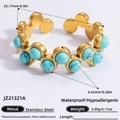 Adjustable golden stainless steel ring featuring a round turquoise stone insert - Round Turquoise Wave Band Style (JZ21321A)