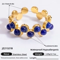 Adjustable golden stainless steel ring with multiple blue lapis stone cabochons - Blue Gemstone Wave Band Style (JZ21321B)