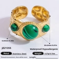Vintage 18K gold-plated stainless steel ring with three green malachite stones - Three Stone Malachite Hammered Style (JZ21355)