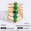 Golden multi-layer stainless steel open ring with five vertical green malachite beads - Five Stone Malachite Multi Layer Style (JZ21181)