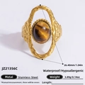Bague en acier inoxydable doré 18 carats avec pierre oeil de tigre ovale et martelée - Ouvert Réglable / Style Texture Oeil de Tigre Ovale (JZ21356C)