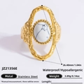 Bague vintage en acier inoxydable doré 18 carats avec incrustation de pierre naturelle blanche - Ouvert Réglable / Style Martelé Turquoise Blanche Ovale (JZ21356E)