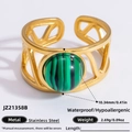 Golden stainless steel open ring featuring a round green malachite stone inlay - Malachite Hollow Geometric Style (JZ21358B)