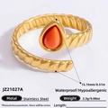 Retro stainless steel open ring with 18K gold plating and orange teardrop stone - Teardrop Red Gemstone Spiral Style (JZ21027A)