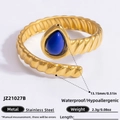Twisted stainless steel ring with teardrop blue stone and 18K gold finish - Teardrop Blue Gemstone Spiral Style (JZ21027B)