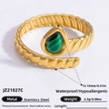 Waterproof 18K gold plated stainless steel ring featuring a pear-shaped green malachite stone - Teardrop Malachite Spiral Style (JZ21027C)