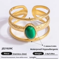 Adjustable golden stainless steel ring with hammered texture and oval green gemstone - Oval Green Stone Hammered Three Layer Style (JZ21029C)