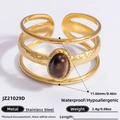 Waterproof 18K gold plated stainless steel ring with oval brown natural stone - Oval Tiger Eye Hammered Three Layer Style (JZ21029D)