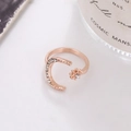 Rose gold crescent moon and star open ring with white rhinestones in elegant setting - Star Moon Shape (D9115) / Rose Gold