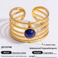18K gold-plated stainless steel ring with round blue gemstone and layered bands - Blue Gemstone Multi Layer Hollow Style (JZ21074E)