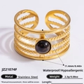Wide multi-layer stainless steel ring with 18K gold plating and round black agate stone - Black Onyx Multi Layer Wide Style (JZ21074F)