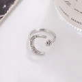 Sparkling silver crescent moon and star open ring featuring fine zircon pave setting style - Star Moon Shape (D9114) / Silver