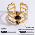 Gold stainless steel multi-layer open ring featuring natural brown tiger eye stones - Three Tiger Eye Multi Layer Wave Style (JZ21209C)