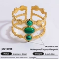 Vintage 18K gold stainless steel open ring featuring triple green malachite stones - Three Malachite Multi Layer Wave Style (JZ21209E)