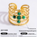 Retro 18K gold-plated stainless steel wide ring featuring green malachite stones - Five Malachite Cross Wide Style (JZ21103B)