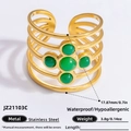 18K gold-plated stainless steel multi-layer open ring with five green natural stones - Five Green Gemstone Cross Wide Style (JZ21103C)