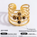 Gold multi-layer stainless steel ring featuring five round tiger eye natural stones - Five Tiger Eye Cross Wide Style (JZ21103D)