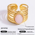 Retro multi-layer gold stainless steel ring featuring an oval pink natural stone inlay - Pink Quartz Wrapped Wide Style (JZ21070A)