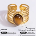 Vintage style open stainless steel ring with 18K gold plating and oval tiger eye stone - Tiger Eye Wrapped Wide Style (JZ21070B)
