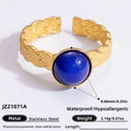 Vintage 18K gold plated stainless steel open ring with round blue natural stone - Round Blue Gemstone Braided Texture Style (JZ21071A)