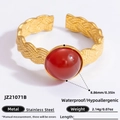 Gold stainless steel braided ring featuring a vibrant red natural stone inlay - Round Red Gemstone Braided Texture Style (JZ21071B)