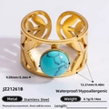 18K gold-plated stainless steel wide ring featuring a turquoise stone and cutout leaf pattern - Turquoise Hollow Leaf Style (JZ21261B)