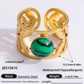 Retro 18K gold-plated stainless steel leaf ring with round green malachite inlay - Malachite Hollow Leaf Style (JZ21261C)