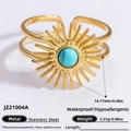 Adjustable 18K gold plated stainless steel ring with turquoise stone and sunflower design - Blue Green Gemstone Sunflower Double Layer Style (JZ21004A)