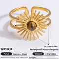 18K gold plated stainless steel open ring with round brown tiger eye stone sunburst design - Brown Gemstone Sunflower Double Layer Style (JZ21004B)