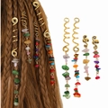 Bohemian hair rings with golden spirals and natural stones for braids and dreadlocks - Set of 4